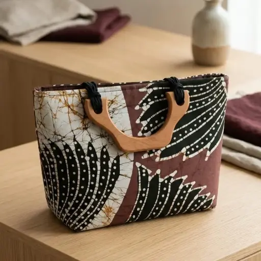 [FL010340006] Batik 3 Color Wood Handle Bag 